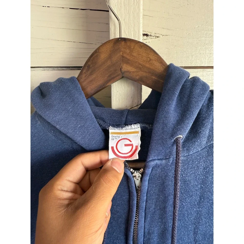 Vintage Gearing Up Mens XL Blue Sleeveless Full Zip Hoodie Sweatshirt Vest Retro